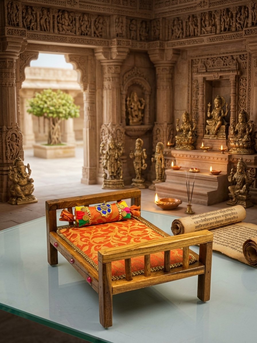 Handcrafted Wooden Laddu Gopal Bed Set with Brocade Mattress & Decorative Bolster (Orange) - Image 3