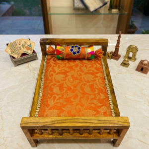Handcrafted Wooden Laddu Gopal Bed Set with Brocade Mattress & Decorative Bolster (Orange)