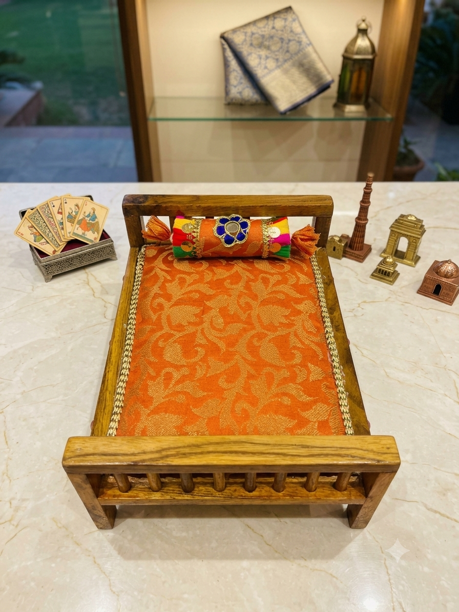 Handcrafted Wooden Laddu Gopal Bed Set with Brocade Mattress & Decorative Bolster (Orange)