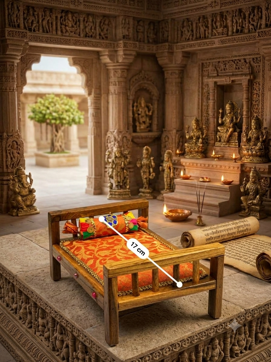 Handcrafted Wooden Laddu Gopal Bed Set with Brocade Mattress & Decorative Bolster (Orange) - Image 4